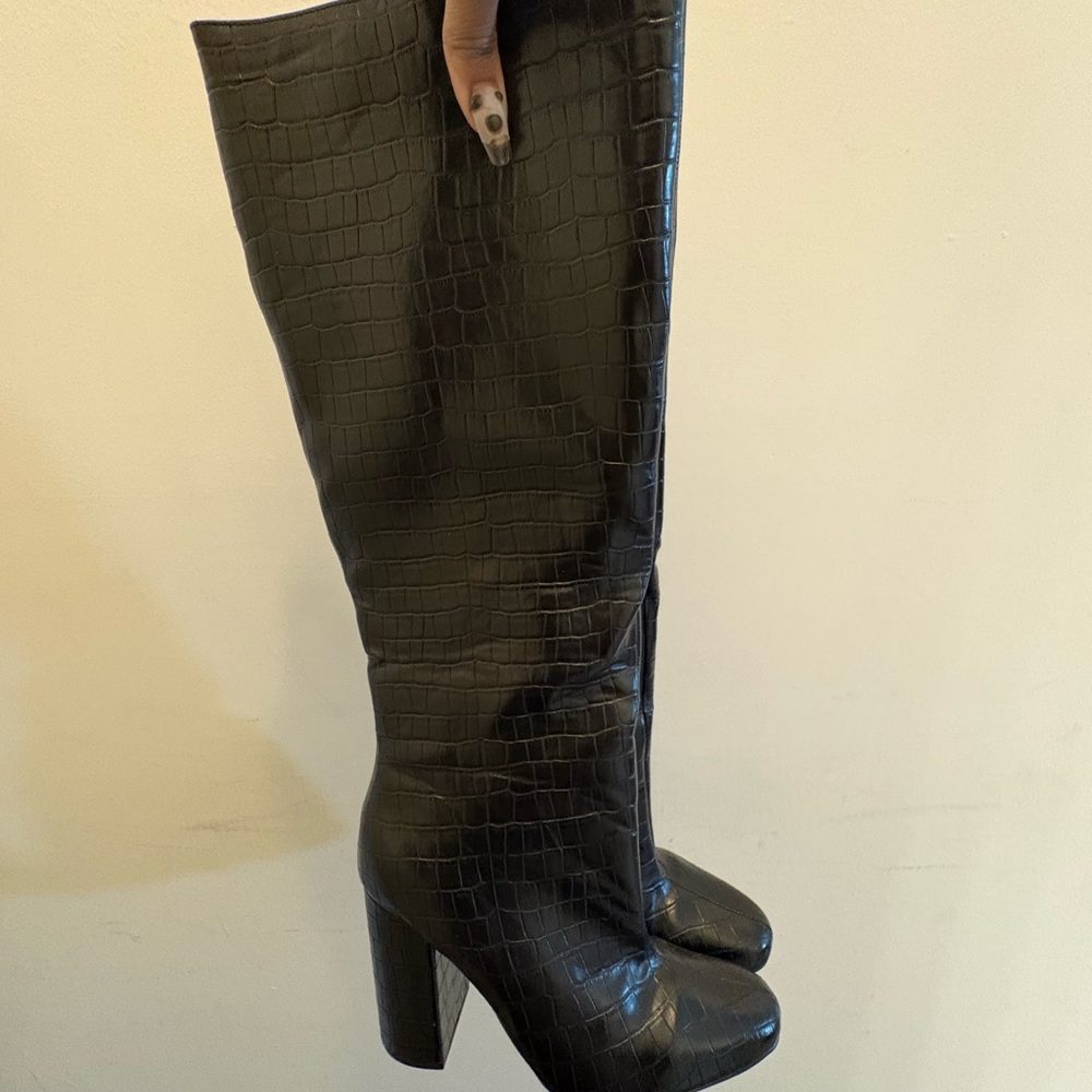 Black Croc-Embossed Knee-High Boots